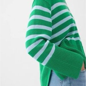 GAP Split-Hem Green and Light-Blue Striped Women's Sweater Size Medium Tall